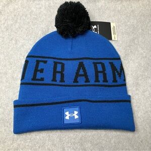 NEW Under Armour Mens Blue Black Spellout Beanie Hat Cap Winter Hat Pom Pom Logo
